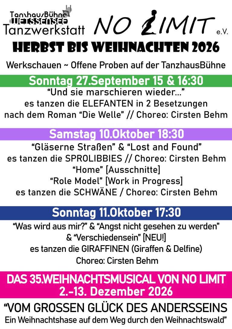 TANZPROGRAMM  Werkschauen und Offene Proben im Herbst & Weihnachtsmusical